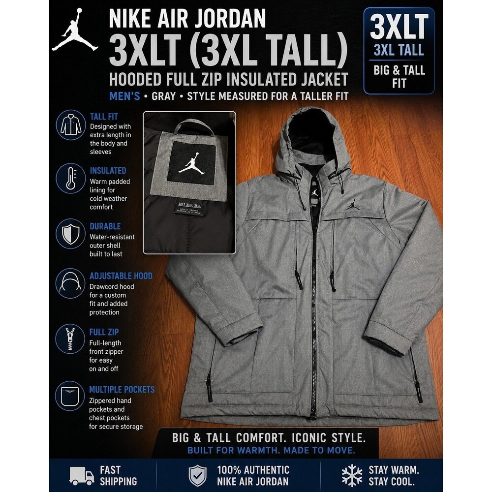 Nike Air Jordan 3XLT 3XL Tall Gray Hooded Full Zip Insulated Jacket Coat Mens